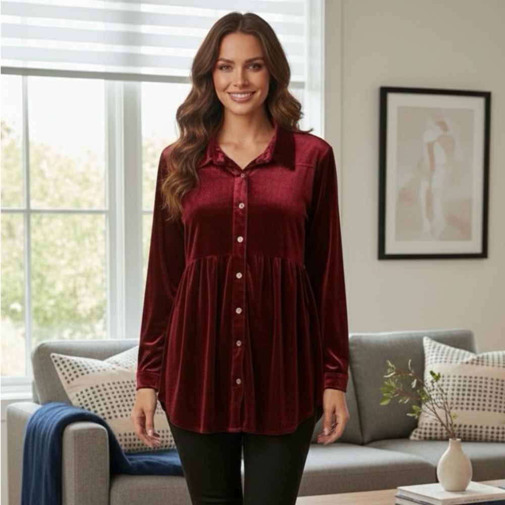 Umgee Velvet Babydoll Button Up Tunic Shirt Womens Size 1X